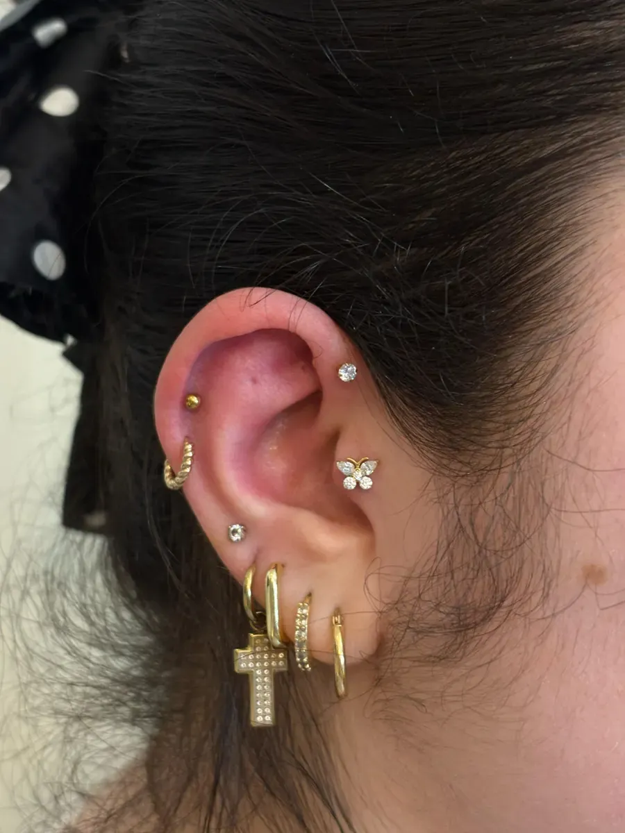Piercings multiples, croix et papillon